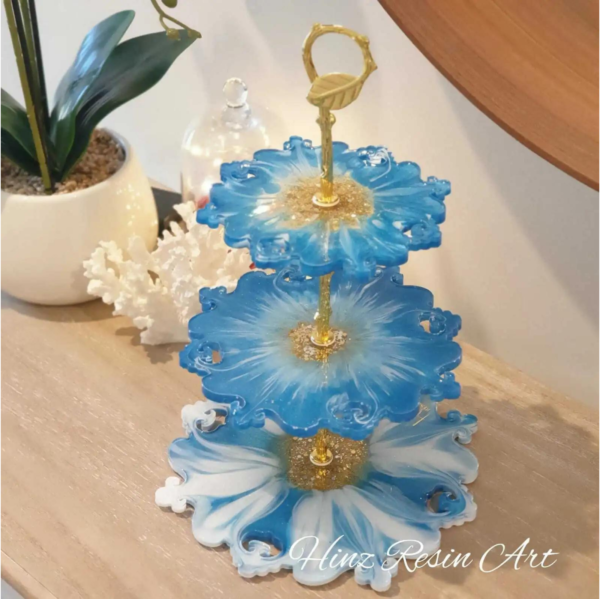 3 Tiers Fruit Resin Trays Complete Set with Flat Dishes and Handles- Blue Color